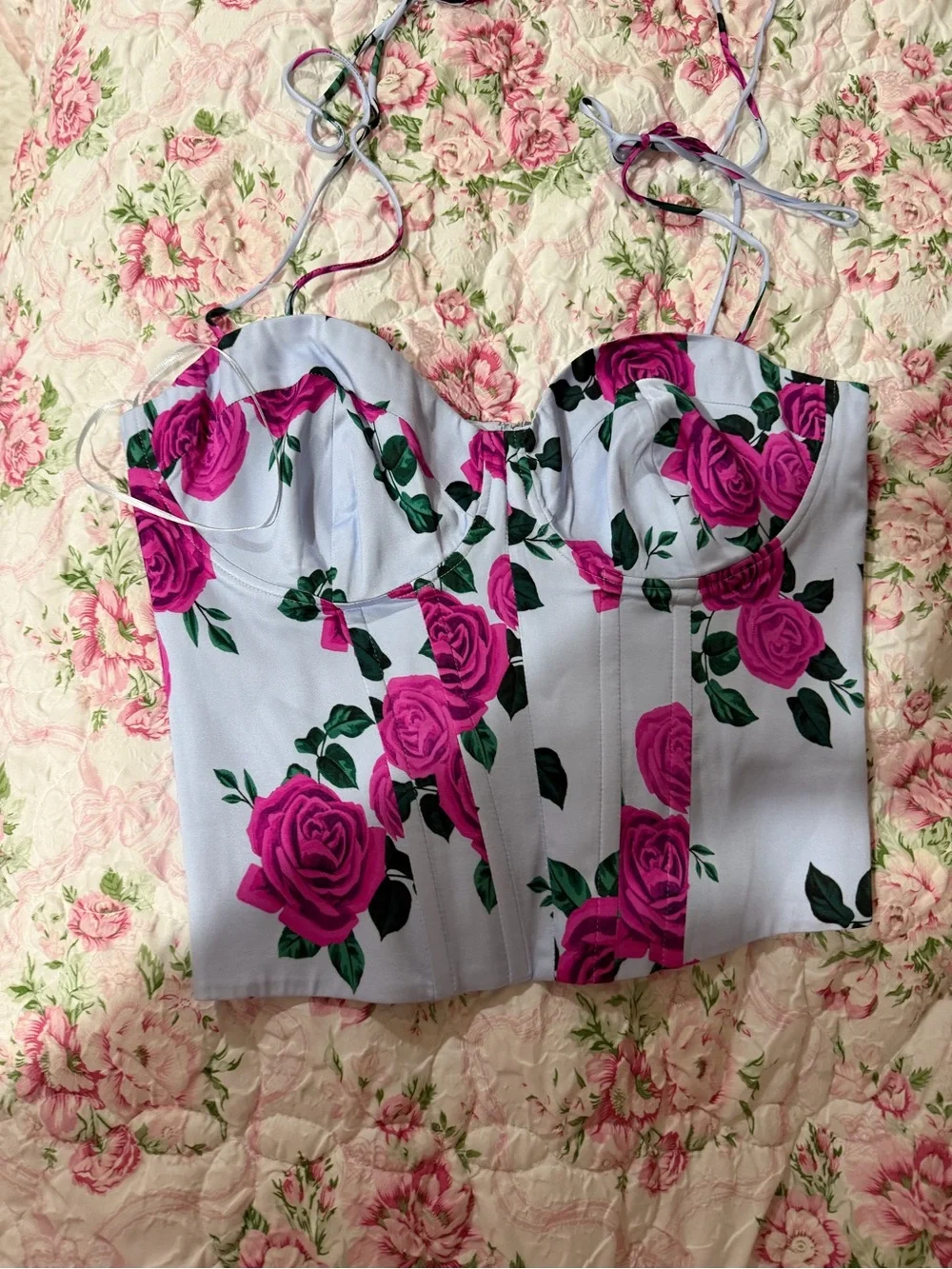 Good American White Bustier Crop Top with Pink Rose Print - Picture 3 of 3